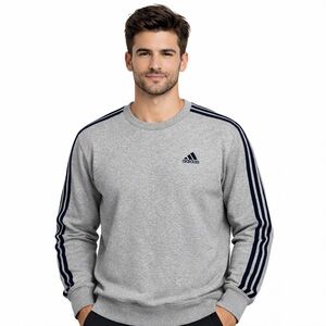 Adidas Men’s Grey Navy 3-Stripes Crewneck Sweatshirt – Size L
